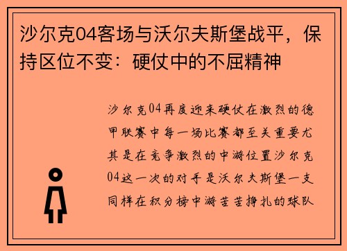 沙尔克04客场与沃尔夫斯堡战平，保持区位不变：硬仗中的不屈精神