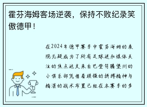 霍芬海姆客场逆袭，保持不败纪录笑傲德甲！
