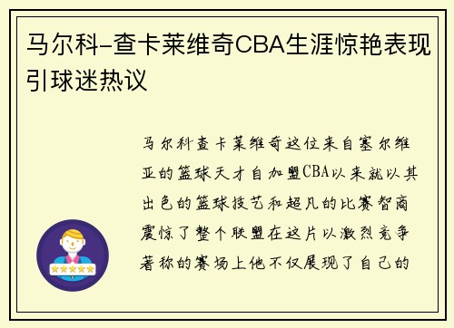马尔科-查卡莱维奇CBA生涯惊艳表现引球迷热议